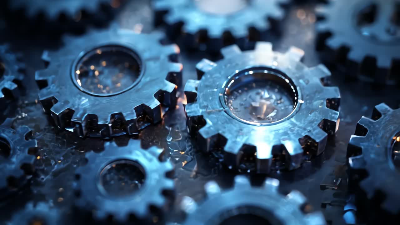 A close up of a bunch of blue gears. The gears are all different sizes and are arranged in a pattern. Concept of precision and order, as the gears are all lined up