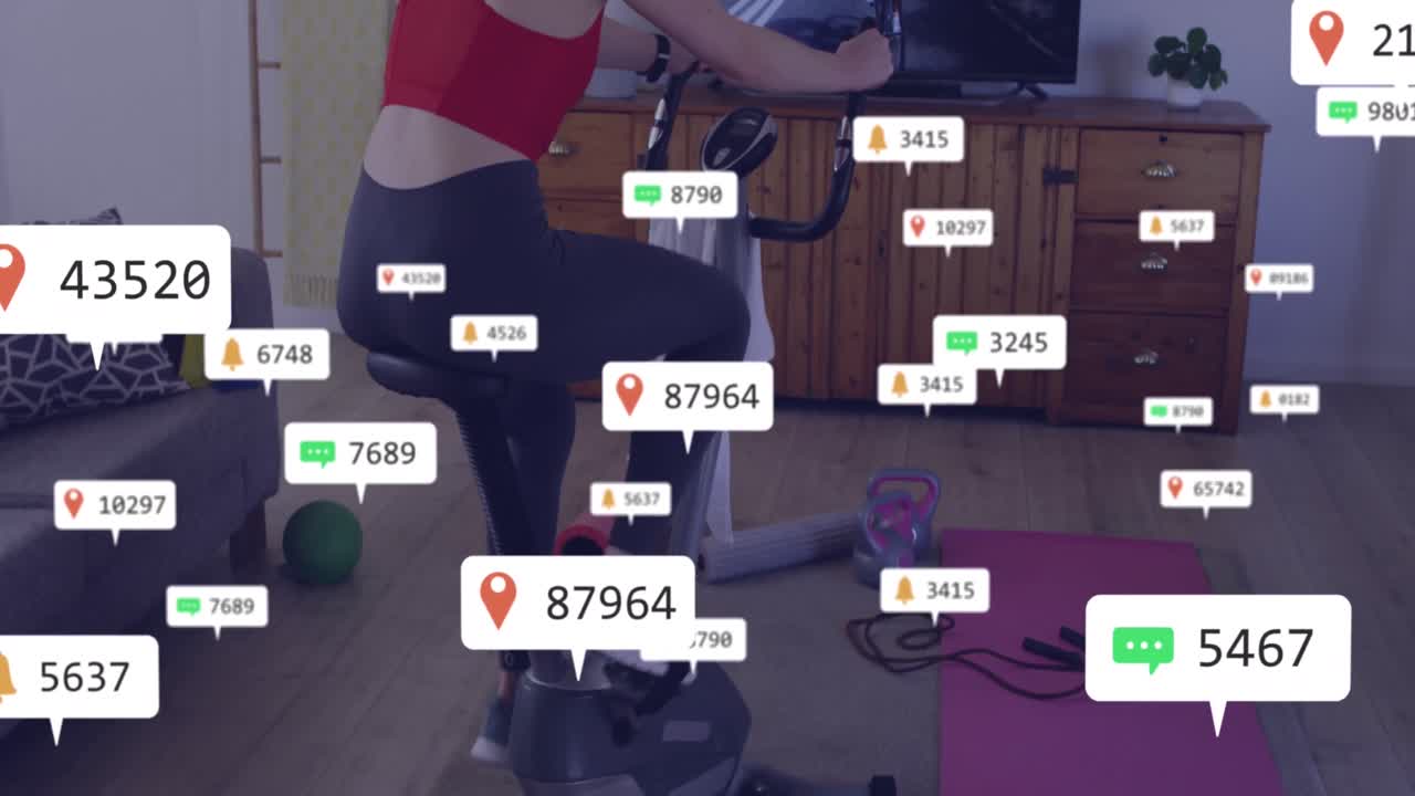 텔레비전을 보면서 자전거를 타는 백인 여성에 대한 알림 바의 애니메이션