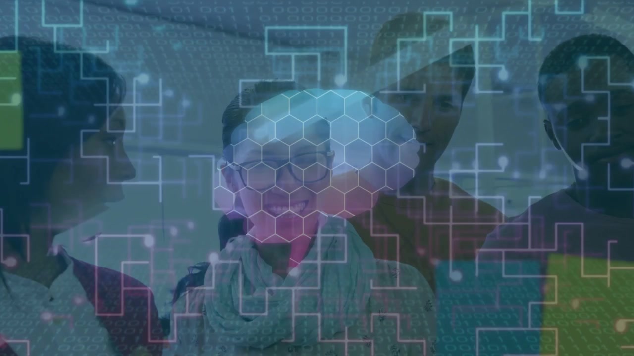 Six colleagues gathering, hexagonal brain overlaying team pulsing and spurring AI model reviewing