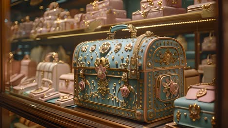 ornate teal and pink decorative trunk in a shop display