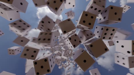 hundreds of dice falling from the sky directly onto the camera