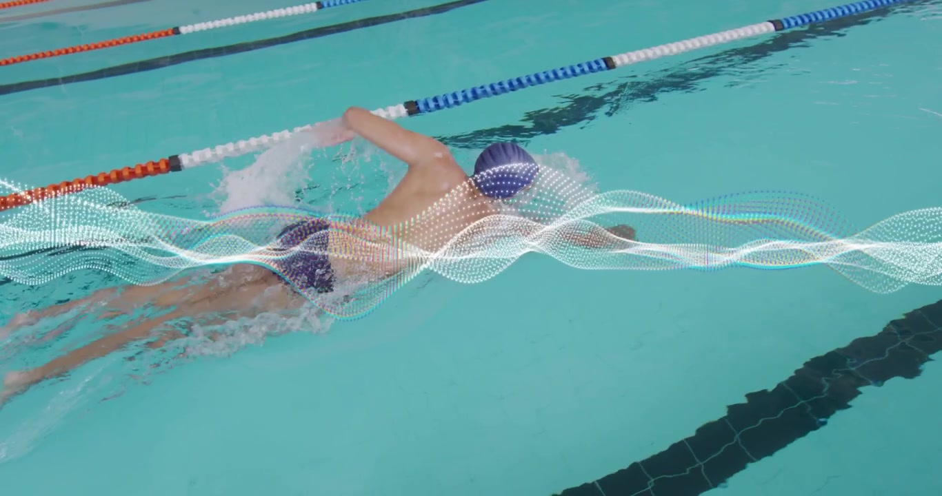 Swimmer pushing off pool wall, gliding underwater into front crawl with wave overlay for fitness