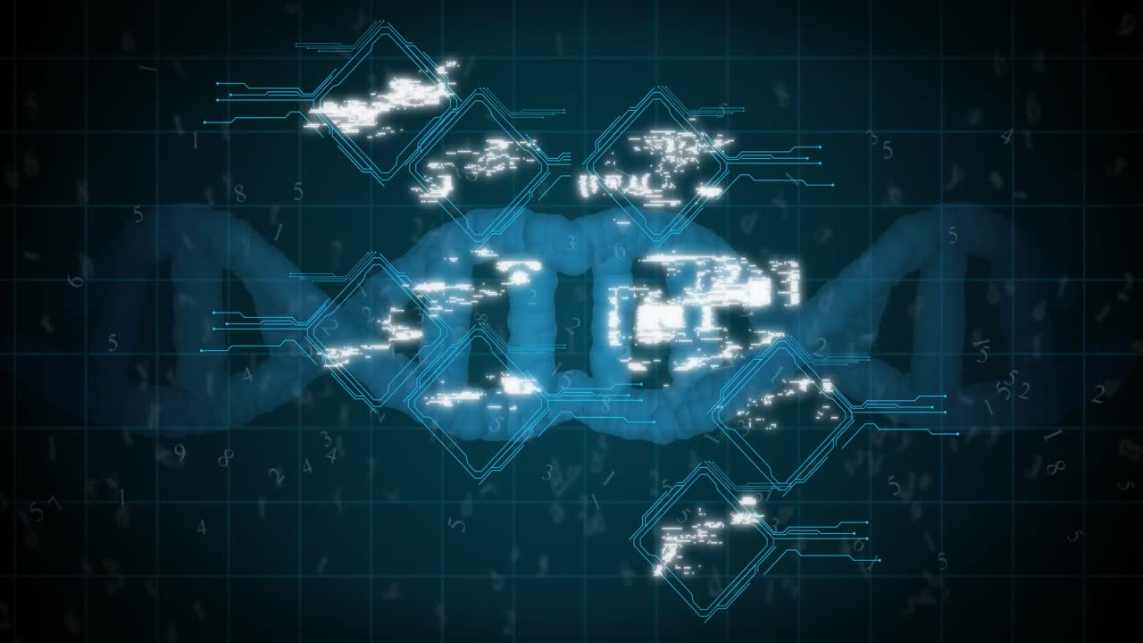 어두운 배경 위에 떨어지는 회전하는 dna 가닥과 아이콘의 애니메이션