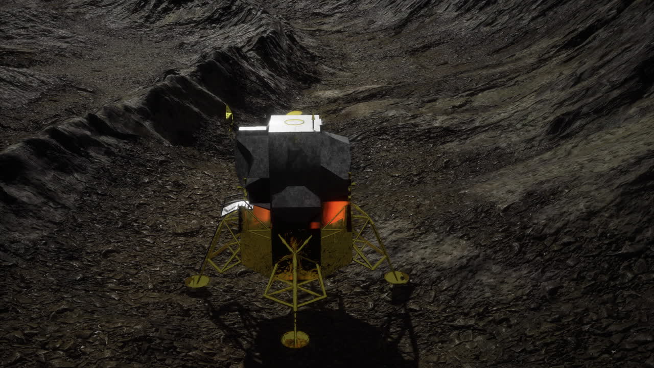 Lunar lander explores the surface of the moon at twilight
