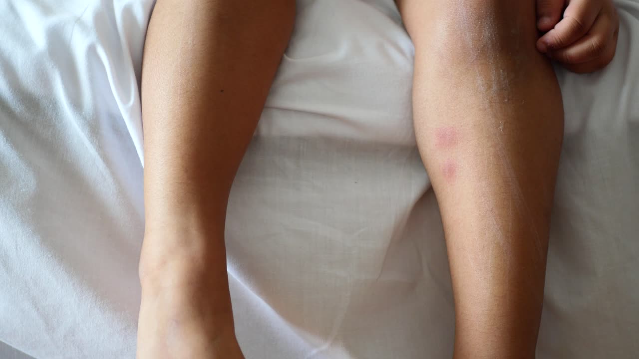 niño rascándose picazón erupción en las piernas