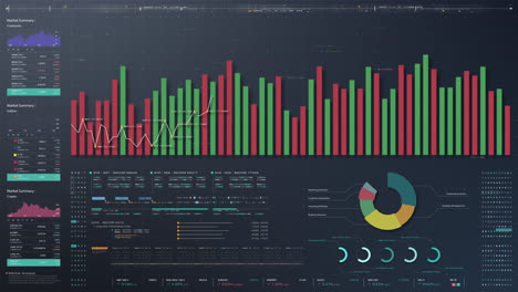 business stock market, trading, info graphic with animated graphs, charts and data numbers insight analysis to be shown on monitor display screen for business meeting mock up theme