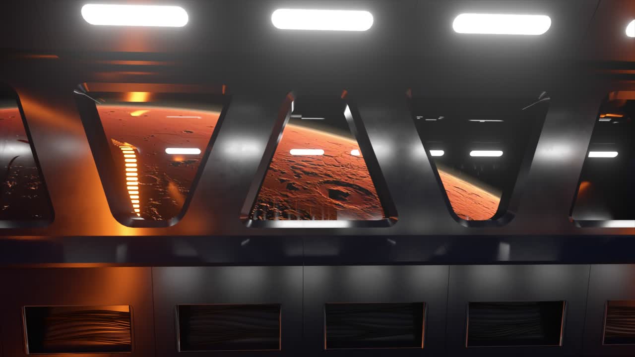 Sci-fi tunnel in outer space with neon light. Planet Mars outside the window of the spaceship. Space technology concept. 3d animation of a seamless loop