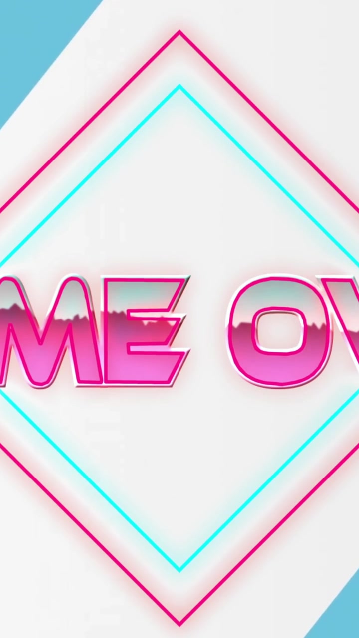 Animazione del testo 'game over' su forme e sfondo bianco.