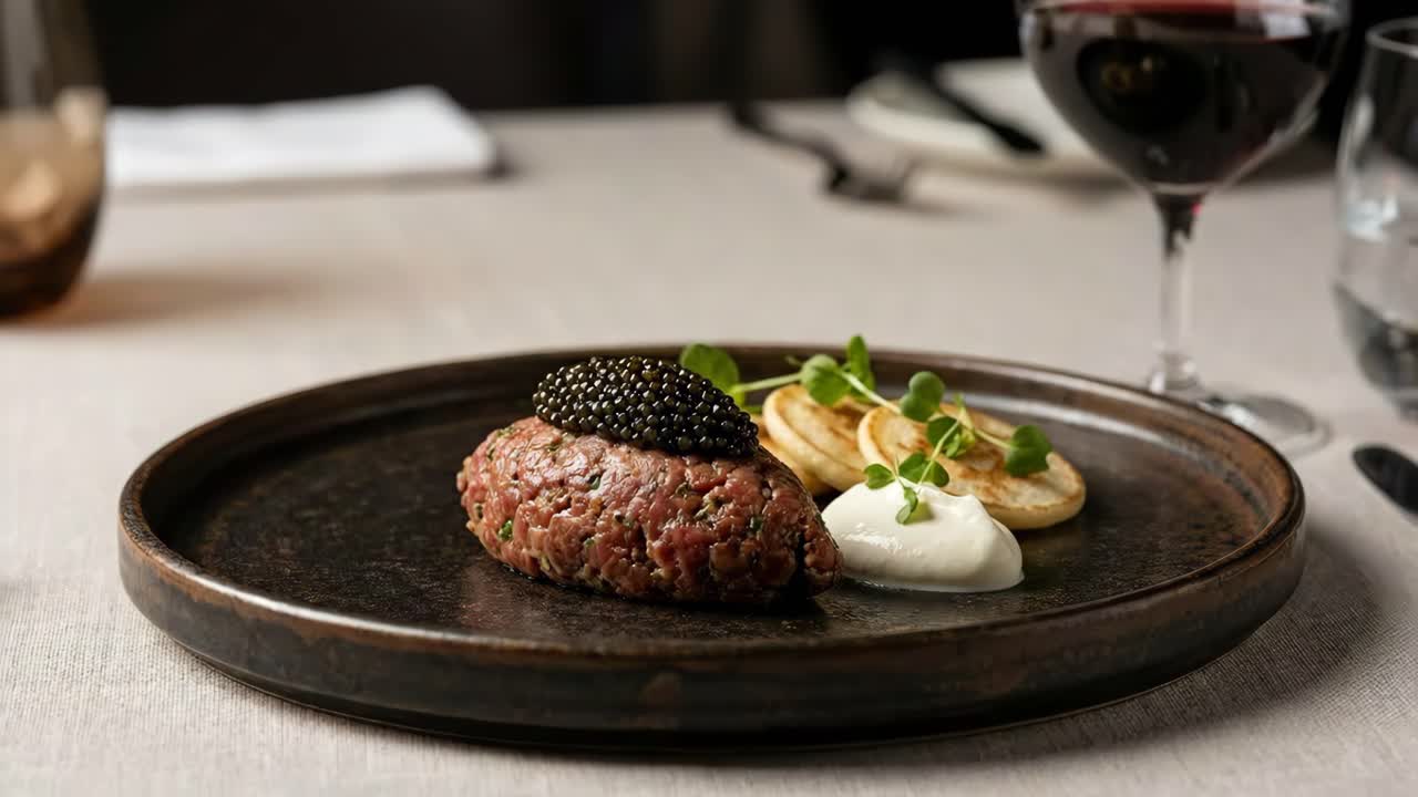 Beef Tatar mit Kaviar und Pfannkuchen