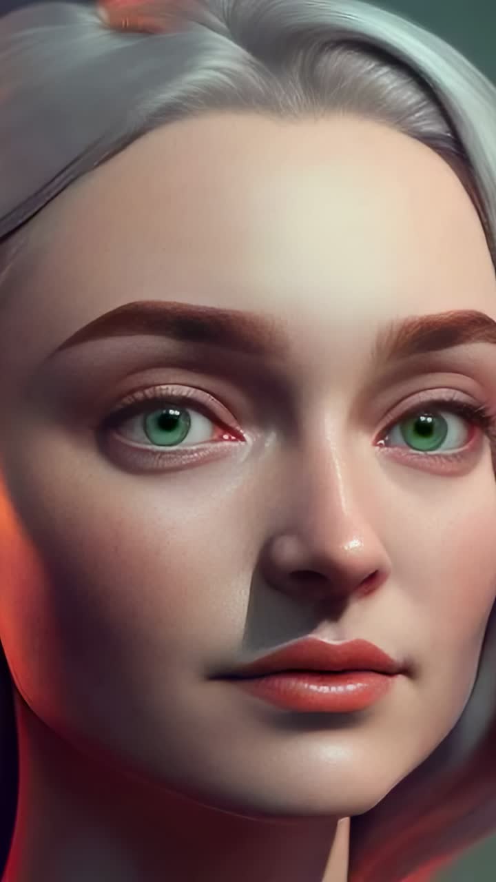 Vertical video: Bust reacting to rim light, blinking, tilting in studio with teal top and ear studs