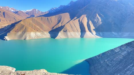 beautiful panorama of blue-turquoise water between the mountains of iran.