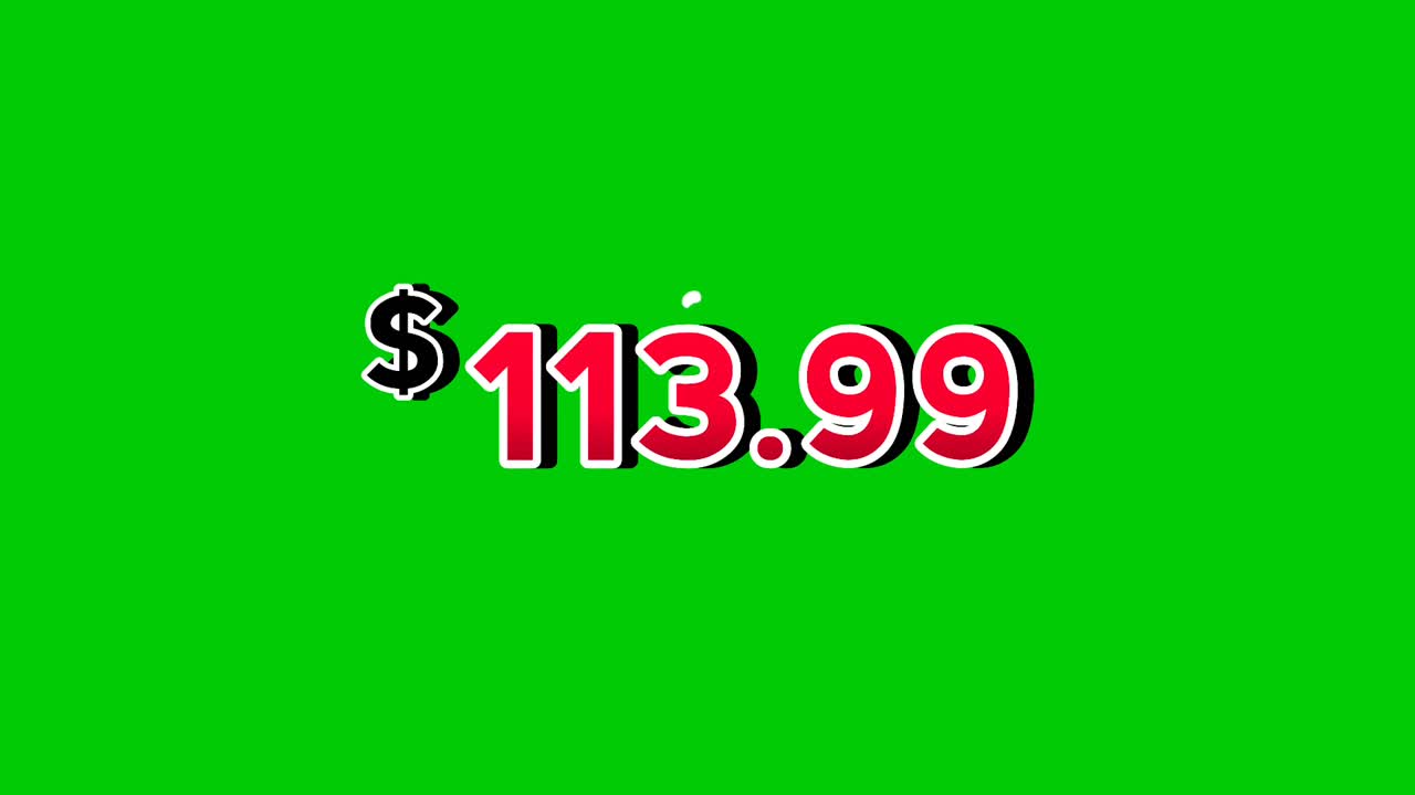 Animation red $113.99 dollars price tag motion graphics with smoke effects on green screen background. Perfect for ads, e-commerce, retail, discounts, and promo videos business concept video element
