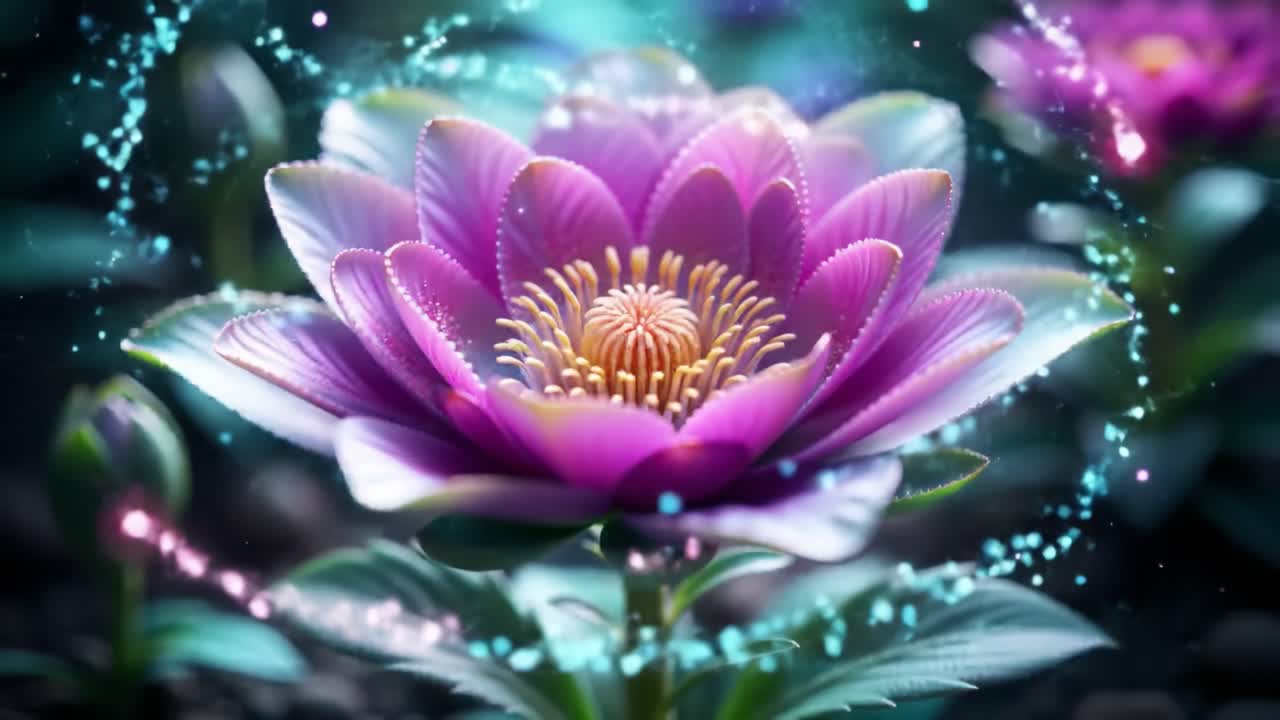 A stunning purple flower opens in a tranquil garden, illuminated by soft, enchanting light. Delicate petals showcase intricate details, creating a peaceful atmosphere of beauty and nature.