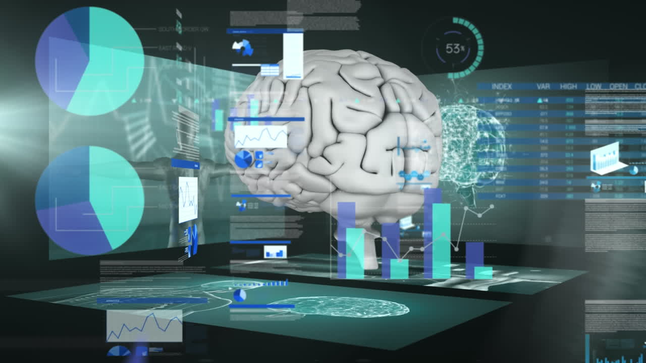 Animation of globe and data processing over office workers in headsets