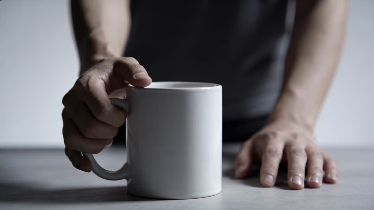 Approaching man's right hand in dark top gripping white mug on tabletop, lifting for drinking