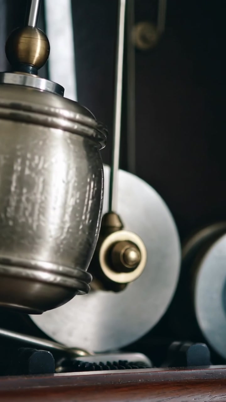 Vertical video: Weights driving, swinging metal pendulum timing clock in wood case, with rod, gears