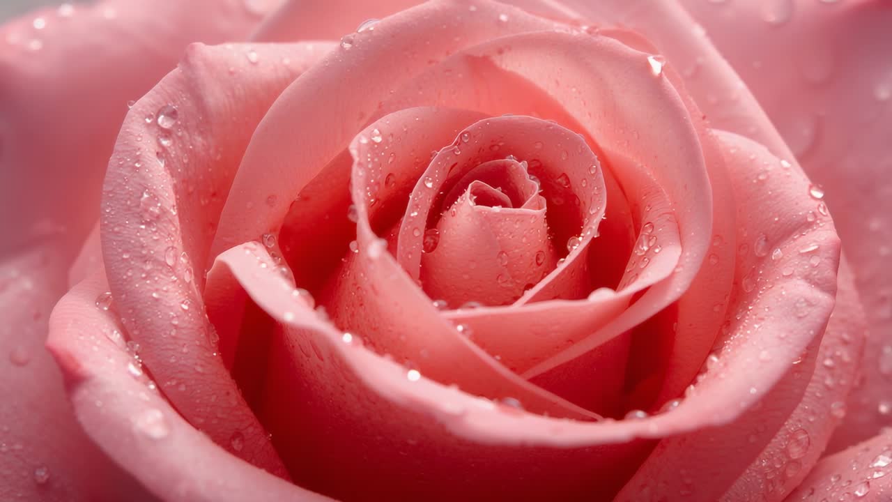 Ripresa macro in avvicinamento a un bocciolo di rosa rosa centrato in studio, che mostra la spirale e le gocce