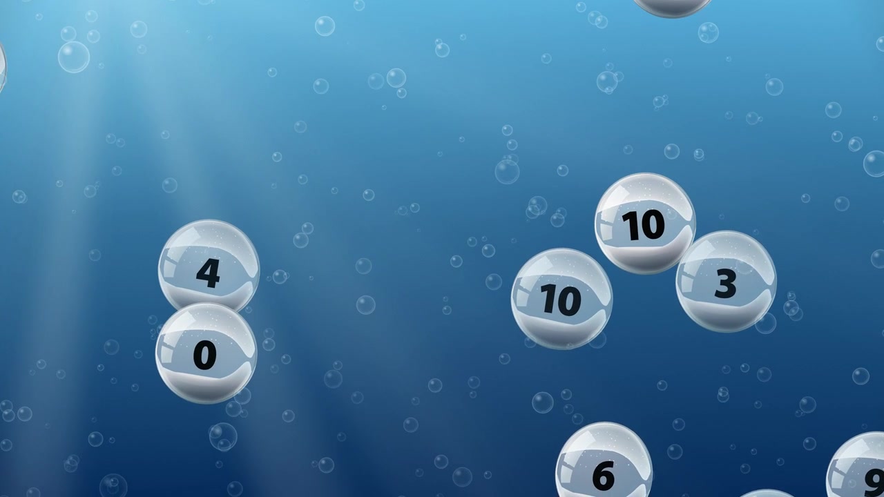 Esferas de cristal numeradas flotan en agua azul profundo con rayos de luz y burbujas ascendentes