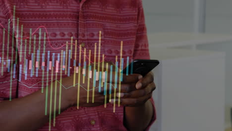 animation of financial data processing over african american man using smartphone