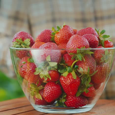 una mujer pone un tazón de fresas maduras sobre la mesa