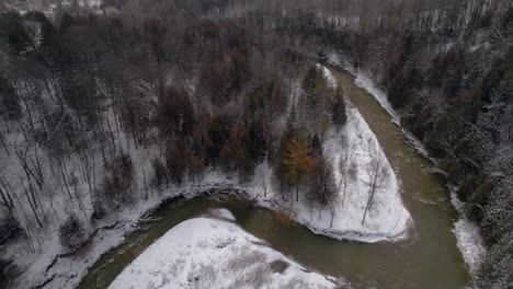 Sobrevolar-El-Paisaje-Invernal-Congelado-Con-árboles-Coníferos-Nevados