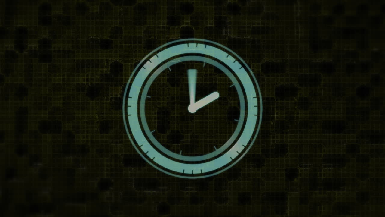 Animation of clock ticking over flickering digital background