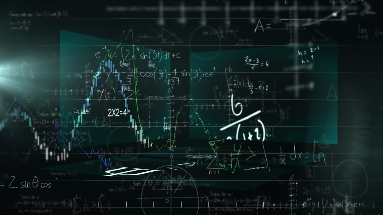 Animation of data processing and mathematical equations on black background