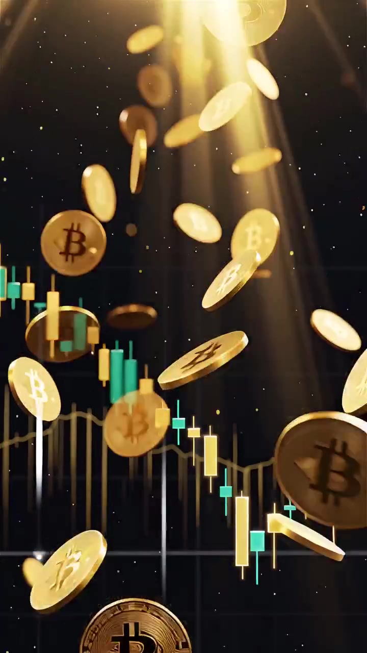 Monete Bitcoin dorate con sfondo sfocato di grafico a candele 4K.