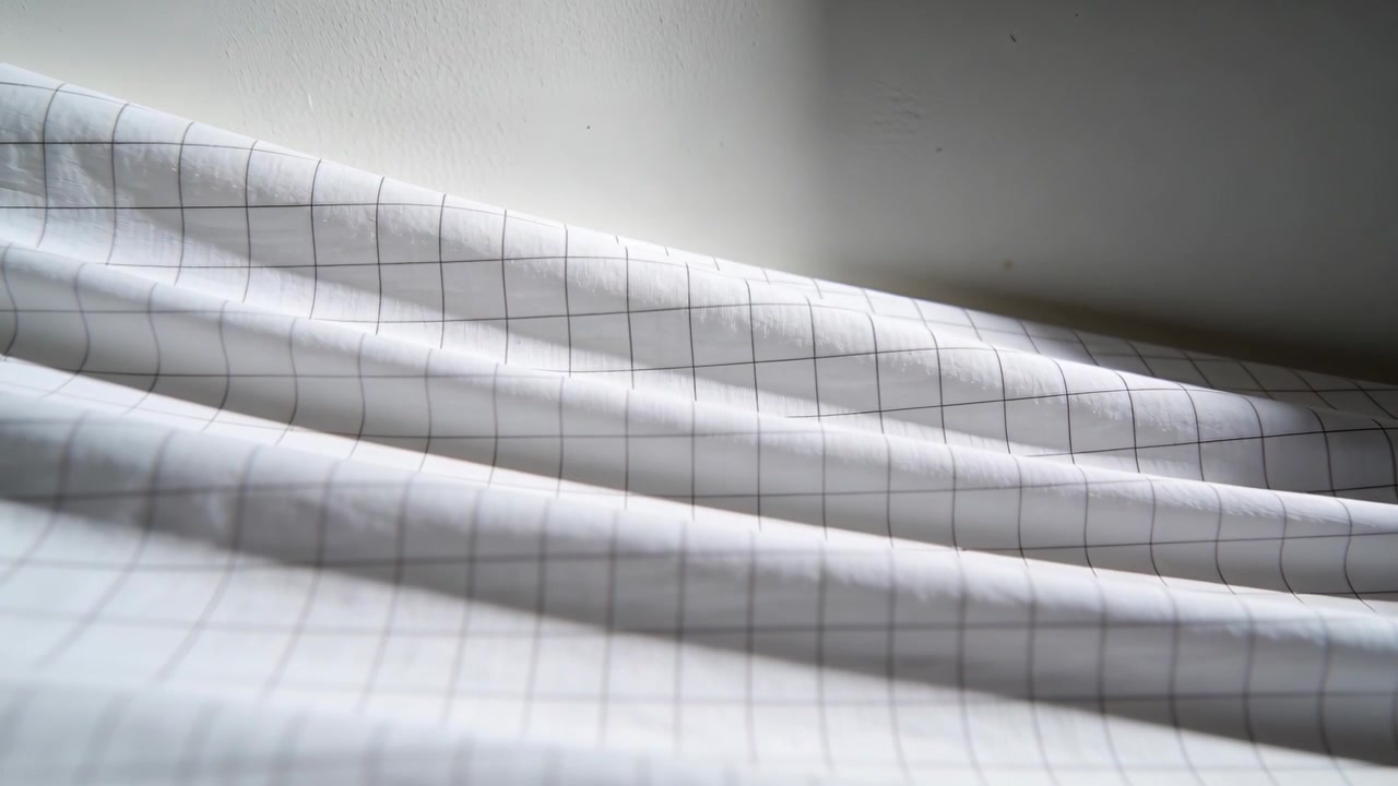 Shifting white bedsheet with thin dark grid settling on mattress, softening folds as light changes