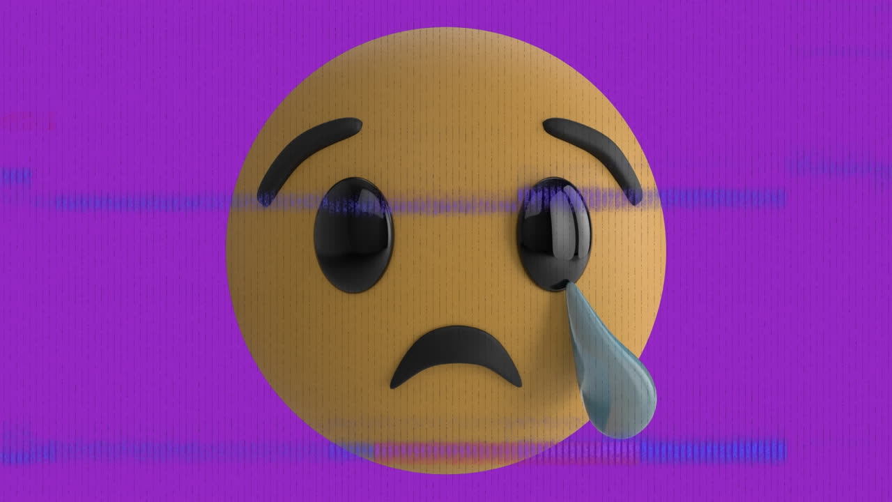 Animation of sad emoji icon over screen with noise