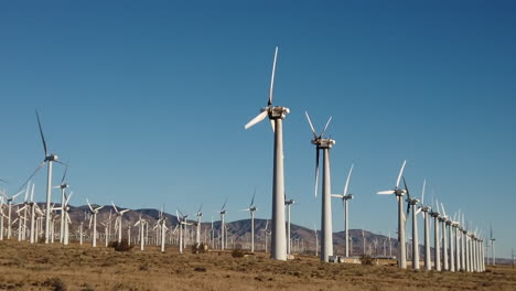 the rows of windmills in the mojave desert in california under a bright blue sky on a summer day - wide shot