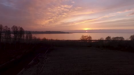 lake burtnieks in late autumn red sky sunset aerial wide view wit tree silhouette