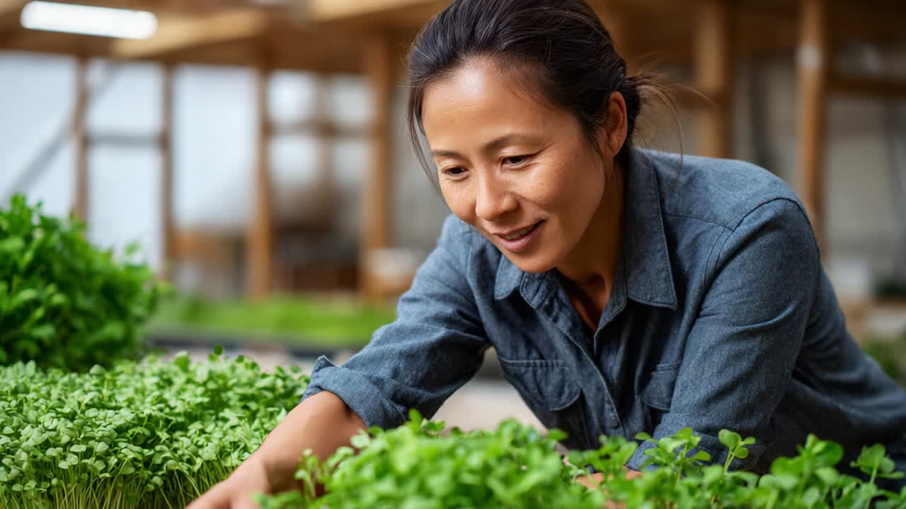 A Dedicated Gardener Nurturing Healthy Microgreens in a Bright, Spacious Greenhouse, Showcasing Passion for Sustainable Agriculture and Commitment to Growing Fresh, Nutritious Produce with Care and Expertise