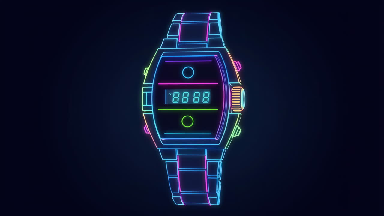 Neon Outline Digital Watch on Dark Background