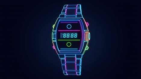 neon outline digital watch on dark background