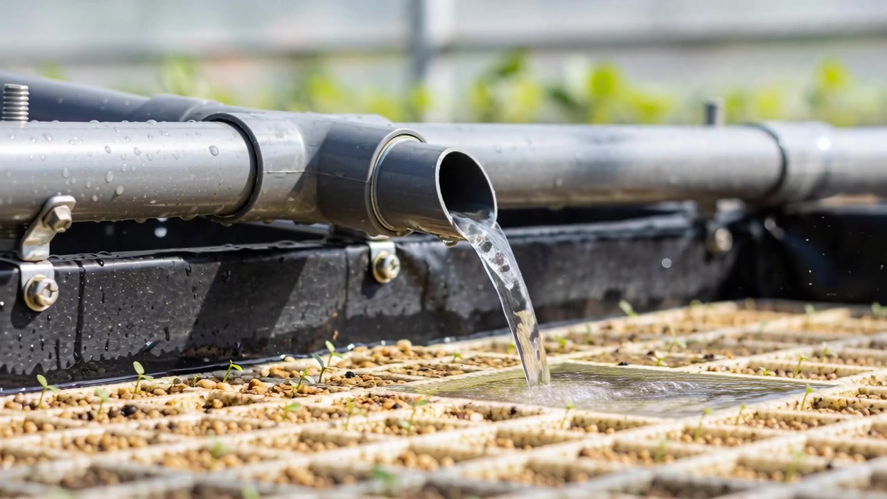 Valve starting PVC pipe pouring water into seed tray on greenhouse bench, wetting seedlings