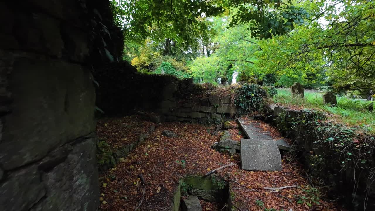 Haunted Ireland walking through a door of ruined church in woods in rural Ireland site of paranormal activity on an Autumn morning