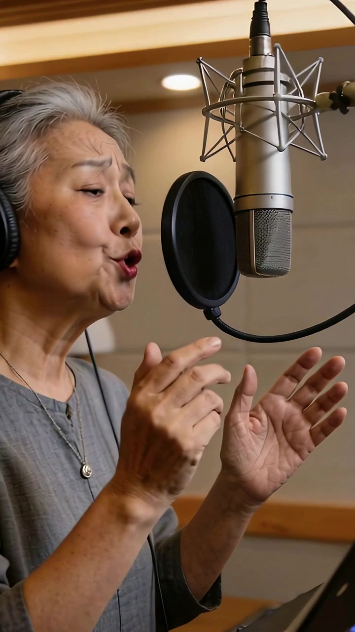 Video verticale: Donna anziana asiatica che canta, legge uno spartito e si china verso il microfono in una cabina vocale.