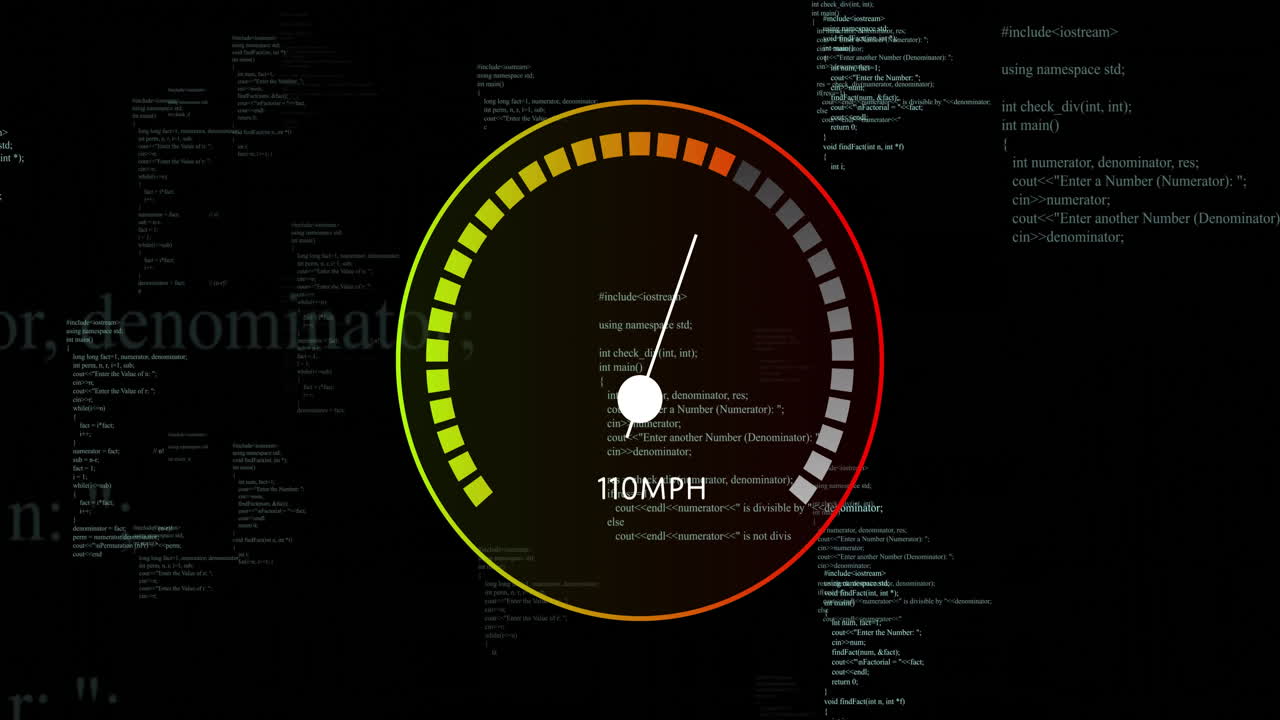 animación del procesamiento de datos digitales a través del velocímetro sobre fondo negro