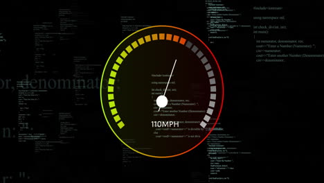 animation of digital data processing over speedometer on black background