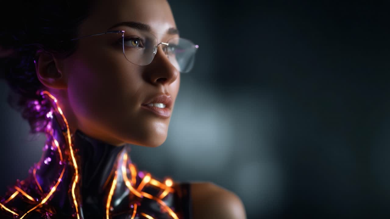 Un ritratto futuristico di una donna con potenziamenti ispirati alla tecnologia e una scollatura illuminata che fonde umanità e tecnologia in una sorprendente composizione visiva.