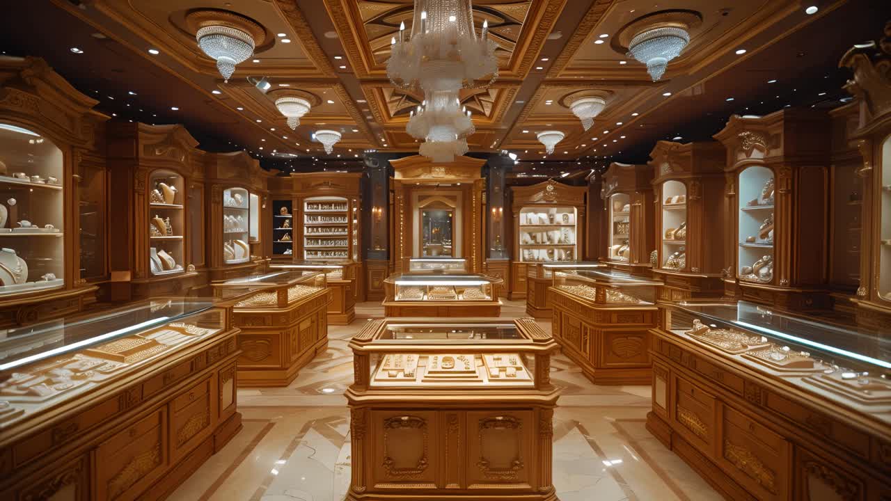 A luxurious and opulent jewelry store interior with ornate wooden display cases and grand chandeliers