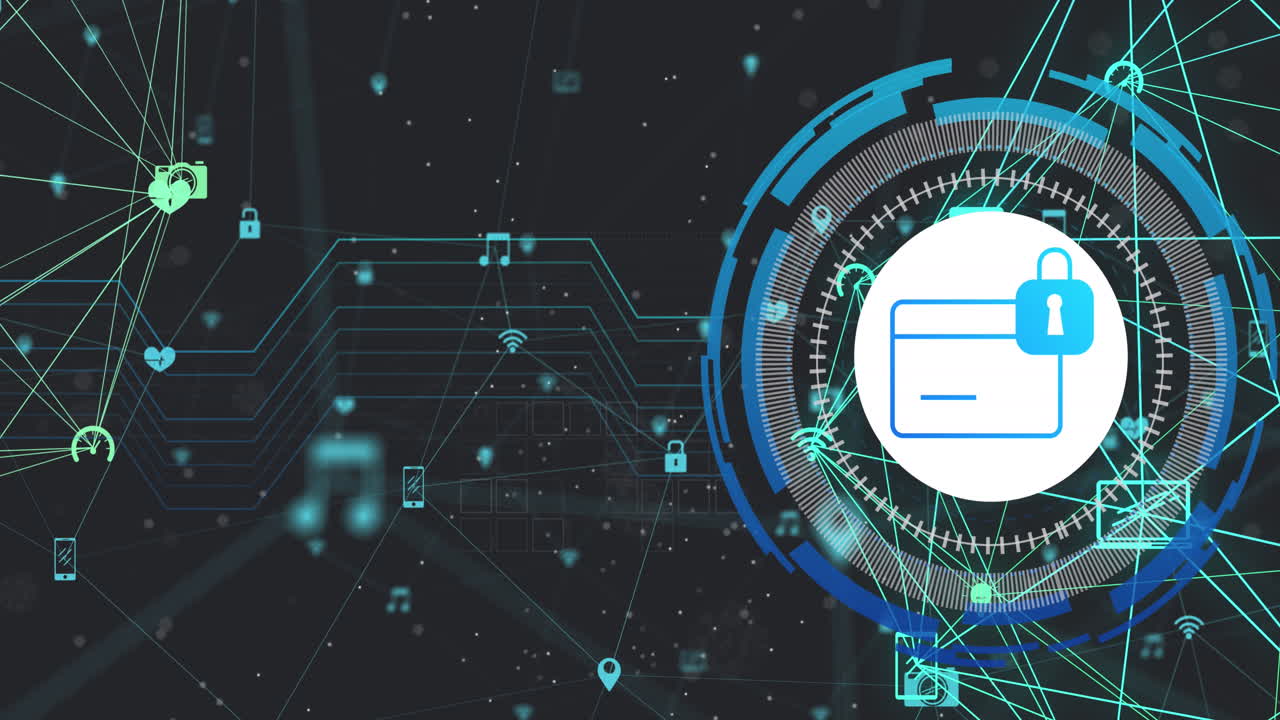 Animation of data processing with music icons, credit card over network of connections