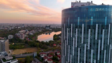 bucharest business district sunset: a rotating aerial view from above