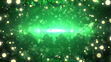 animación de nieve cayendo y luces de hadas de navidad parpadeando sobre un fondo verde.