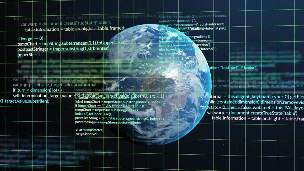On start globe appearing, rotating slowly while code text scrolling across, visualizing data flow