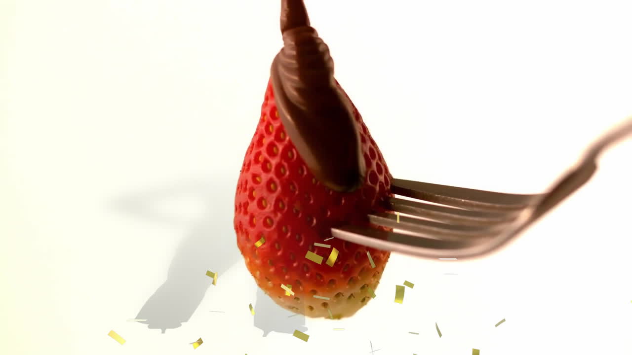 Dipping strawberry in chocolate, golden confetti falling around in animation