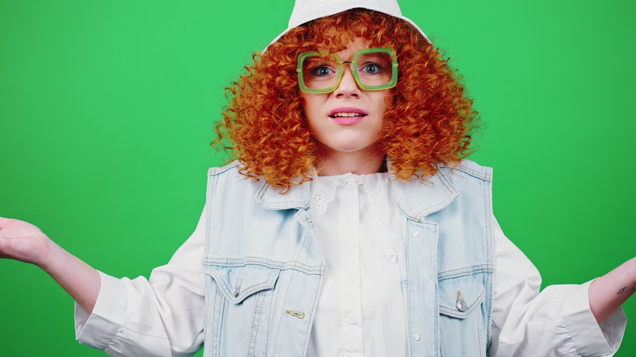 joven pelirroja mujer rizada con gafas y sombrero de panama extendiendo las manos y preguntando qué a la cámara