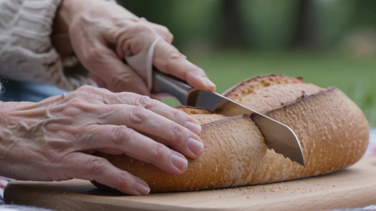 Posizionando un coltello seghettato, mani anziane con un maglione color crema affettano una pagnotta croccante su un tagliere al parco, servendo.