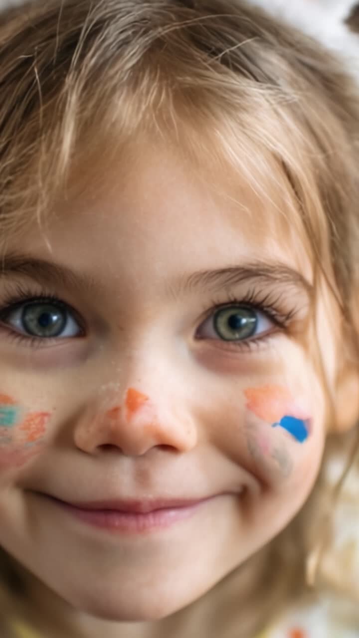 Una giovane ragazza gioiosa con pittura facciale colorata: espressioni accattivanti di innocenza e creatività in scene deliziose